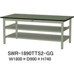 軽量作業台/耐荷重300kg_中間+足元全面棚板付_固定式H740_塩ビシート天板_ワークテーブル300シリーズ 山金工業