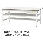 軽量作業台/耐荷重150kg_中間棚付固定式_引き出し付_半面棚付_ワークテーブル150シリーズ_低圧メラミン天板 山金工業