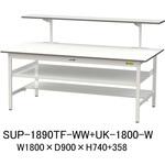 軽量作業台/耐荷重150kg_中間棚付固定式_架台付_半面棚付_ワークテーブル150シリーズ_低圧メラミン天板 山金工業