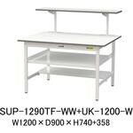 軽量作業台/耐荷重150kg_中間棚付固定式_架台付_半面棚付_ワークテーブル150シリーズ_低圧メラミン天板 山金工業