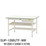 軽量作業台/耐荷重150kg_中間棚付固定式_引き出し付_半面棚付_ワークテーブル150シリーズ_低圧メラミン天板 山金工業