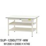 軽量作業台/耐荷重150kg_中間棚付固定式_引き出し付_全面棚付_ワークテーブル150シリーズ_低圧メラミン天板 山金工業