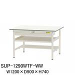 軽量作業台/耐荷重150kg_中間棚付固定式_ワイド引き出し付_半面棚付_ワークテーブル150シリーズ_低圧メラミン天板 山金工業