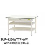 軽量作業台/耐荷重150kg_中間棚付固定式_ワイド引き出し付_全面棚付_ワークテーブル150シリーズ_低圧メラミン天板 山金工業