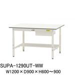 軽量作業台/耐荷重150kg_高さ調整式_引き出し付_半面棚付_ワークテーブル150シリーズ_低圧メラミン天板 山金工業