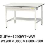 軽量作業台/耐荷重150kg_高さ調整式_ワイド引き出し付_半面棚付_ワークテーブル150シリーズ_低圧メラミン天板 山金工業