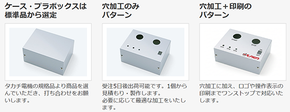 ケース・プラボックスは標準品から選定。穴加工のみパターン。穴加工+印刷のパターン