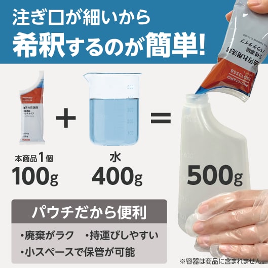注ぎ口が細いから希釈するのが簡単！（本商品1個100gと水400g）。パウチだから便利（廃棄がラク、持運びしやすい、小スペースで保管が可能）※容器は商品に含まれません。