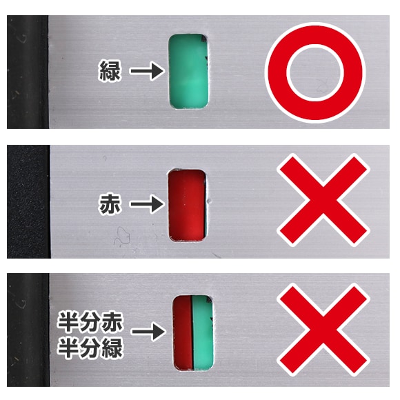 小窓に緑が見えれば使用可能。赤、半分赤・半分緑の時は使用不可。