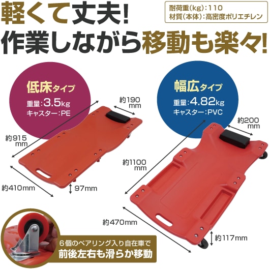 軽くて丈夫！作業しながら移動も楽々！（耐荷重（kg）：110材質（本体）：高密度ポリエチレン）、低床タイプ（重量：3.5kgキャスター：PE）、幅広タイプ（重量：4.82kgキャスター：PVC）、６個のベアリング入り自在車で前後左右も滑らか移動