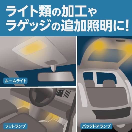 ライト類の加工やラゲッジの追加照明に！（使用例：ルームライト、フットランプ、バックドアランプ
