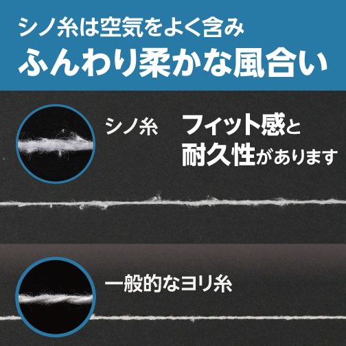 シノ糸は空気をよく含みふんわり柔かな風合い。シノ糸はフィット感と耐久性があります。一般的なヨリ糸（糸を撚った状態の糸と、シノ糸との比較