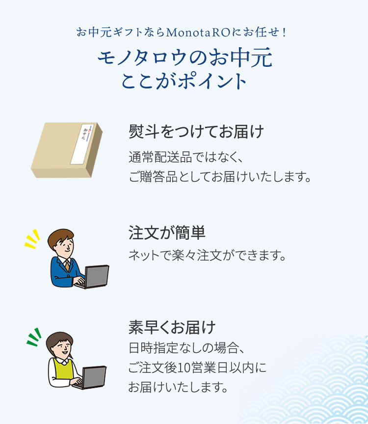 包装形態の紹介 包装不可、簡易包装、持参包装可、完全包装 お中元ギフトならモノタロウにお任せ！モノタロウのお中元ここがポイント 熨斗をつけてお届け、注文が簡単、希望日にお届け