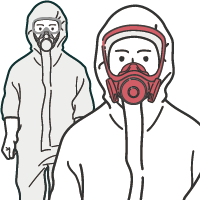 防護服と防護マスク装着
