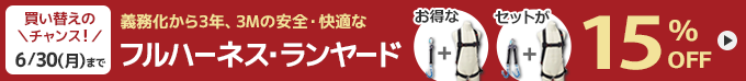 買い替えのチャンス！6/30（月）まで　義務化から3年、3Mの安全・快適なフルハーネス・ランヤード　お得なセットが15％OFF