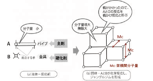 図4-38 熱硬化性（クッキータイプ）樹脂塗料の橋かけ反応（化学結合）により形成する塗膜モデル