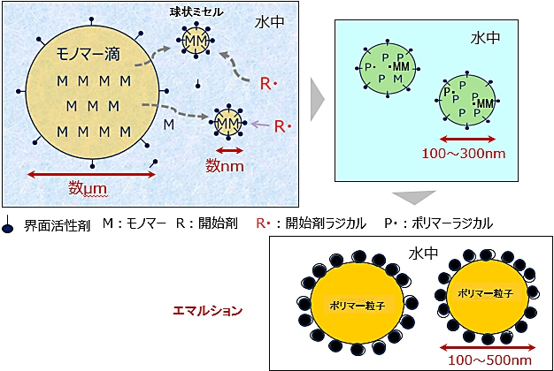 水の存在下で樹脂を合成する乳化重合のモデル図